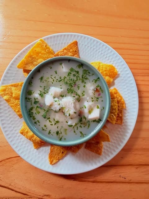 Ceviche de pescado fresco con tortillas tostadas